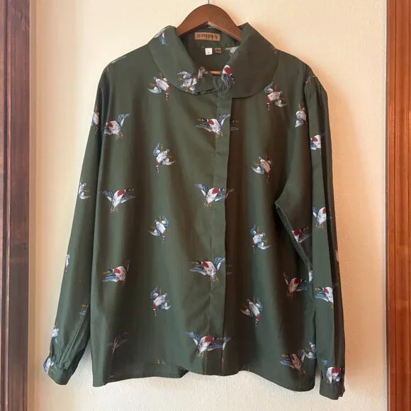 VTG 80s Ruff Hewn Duck Hunting Green Blouse Button Down Shirt Old Money Size XL - Picture 2 of 5